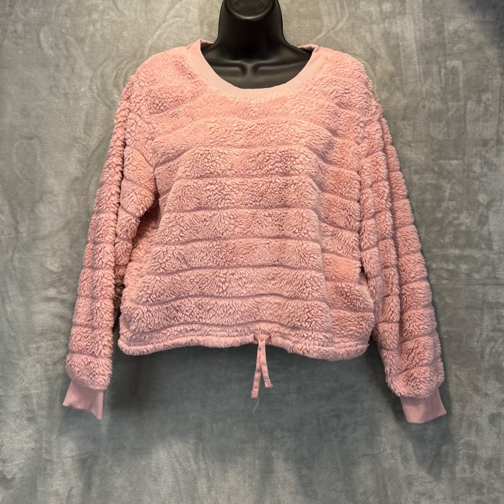 Almost Famous Pink Faux Fur Ribbed Pullover Sweater XL Cropped Drawstring Hem